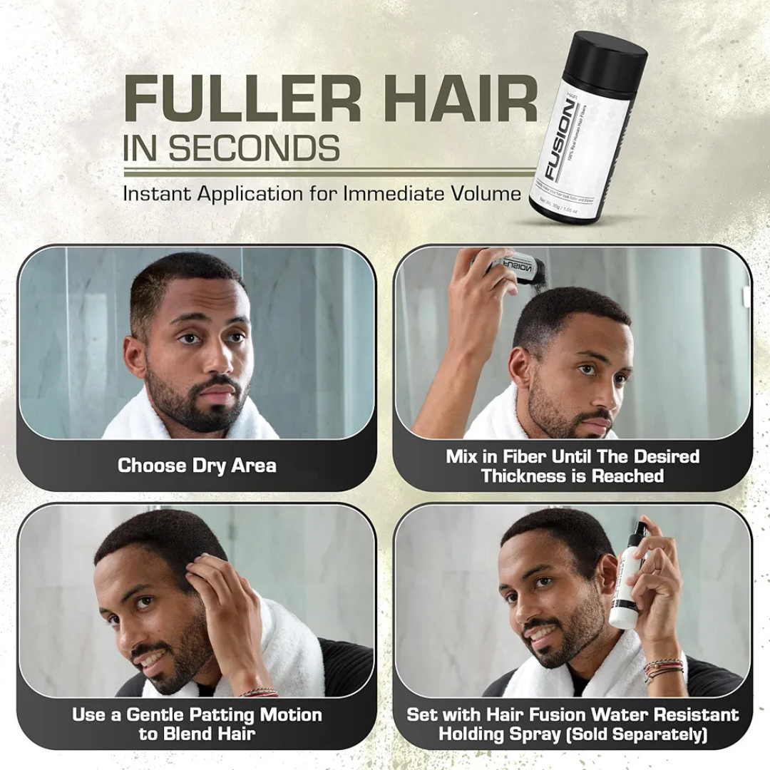 Real Human Hair Fibers + Water Resistant Holding Spray